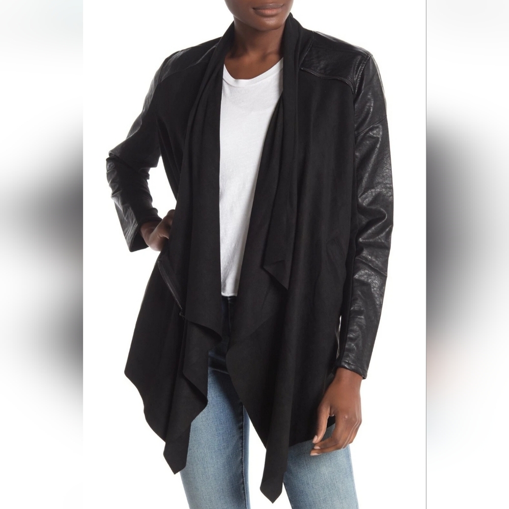 Blank NYC Faux Suede Vegan Leather‎ Draped Wrap Moto Jacket Black